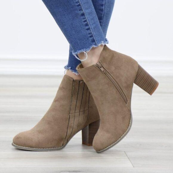 Ankle Boots Block Heel Rounded Toe Taupe Faux Suede Side Zipper High Shaft Chic - Picture 9 of 13